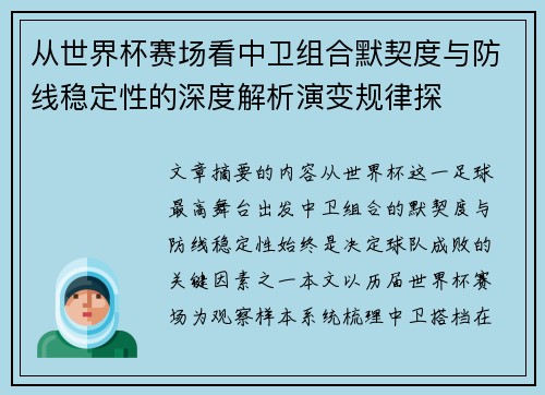 从世界杯赛场看中卫组合默契度与防线稳定性的深度解析演变规律探